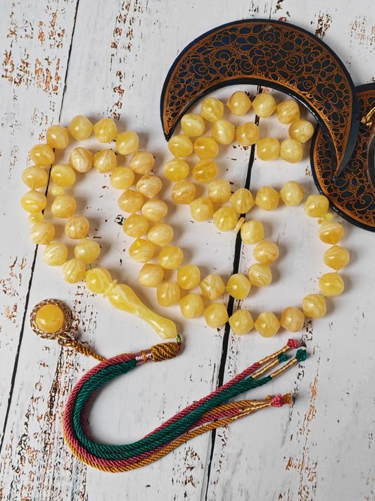 Rare Istanbul-Shape Amber Tasbih 64 Beads – Half Half & Tiger Beads Pattern, Tiger Imam, Premium Collector Grade - 79 g Statement Piece