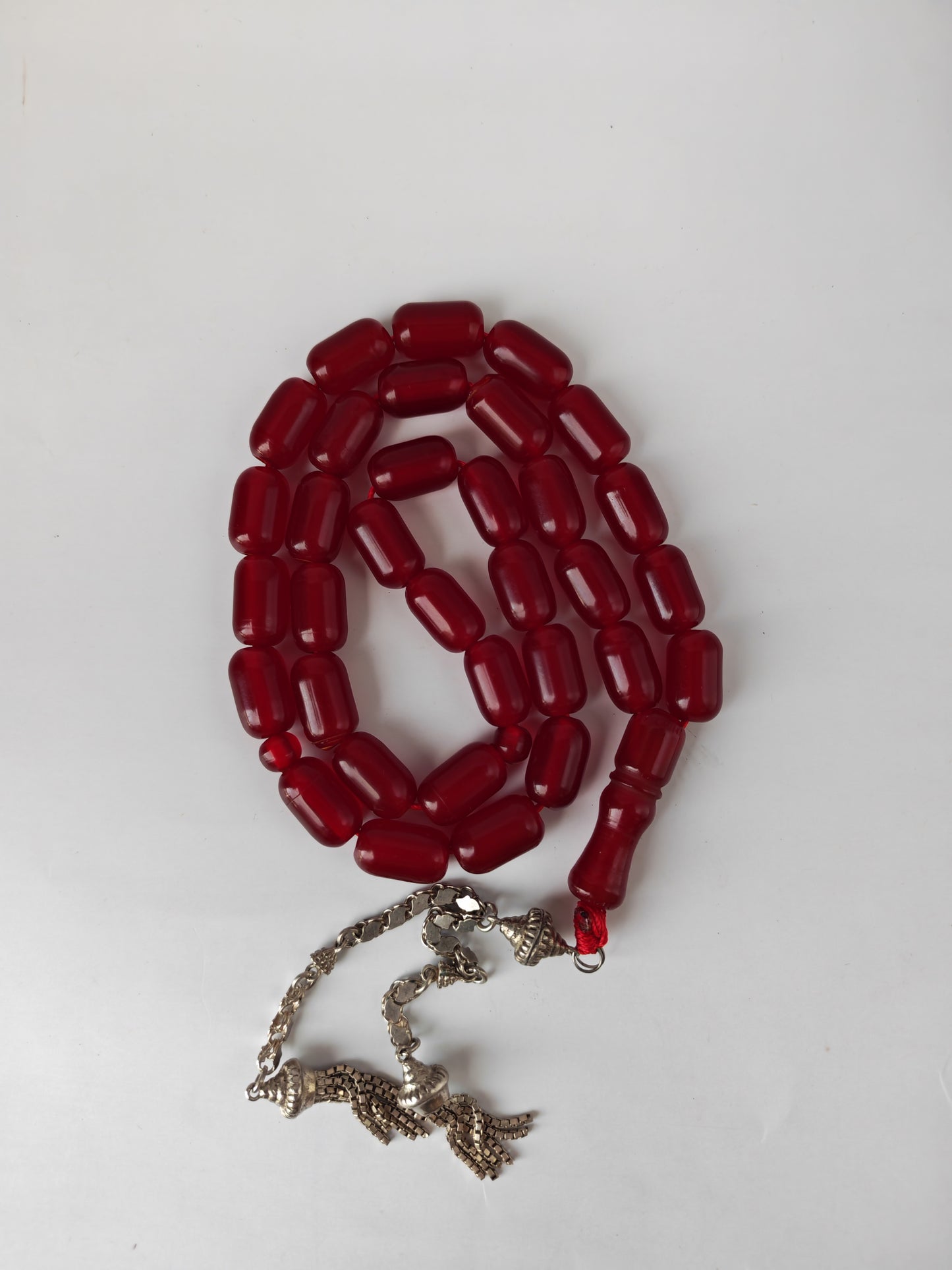 Long Red Bakelite Misbah – 33 Barrel Beads, Antique Silver Tassel