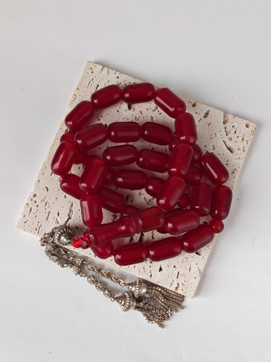 Long Red Bakelite Misbah – 33 Barrel Beads, Antique Silver Tassel