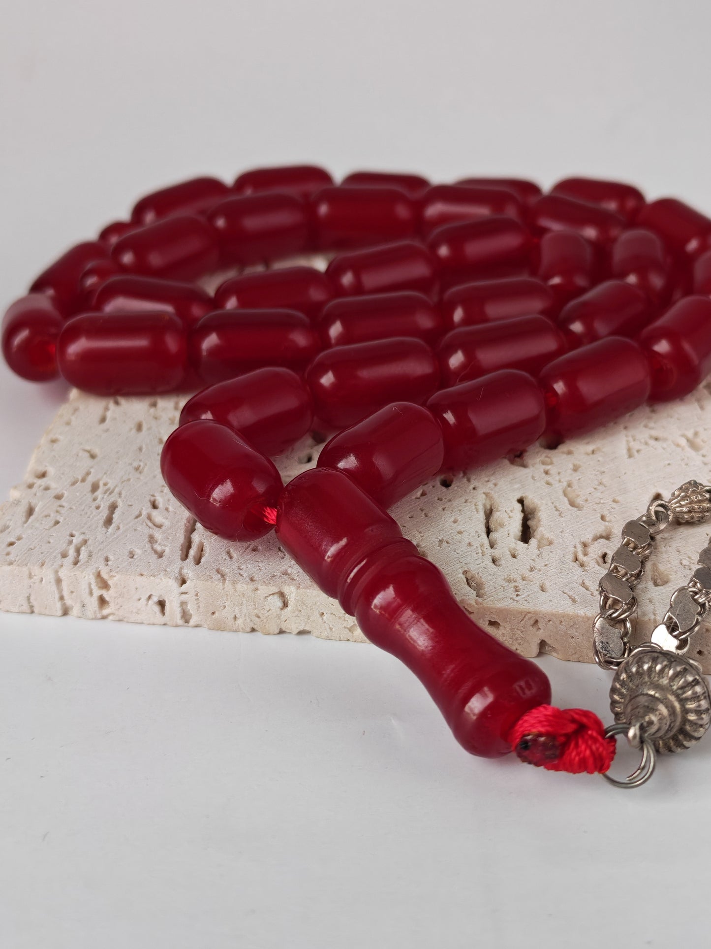 Long Red Bakelite Misbah – 33 Barrel Beads, Antique Silver Tassel