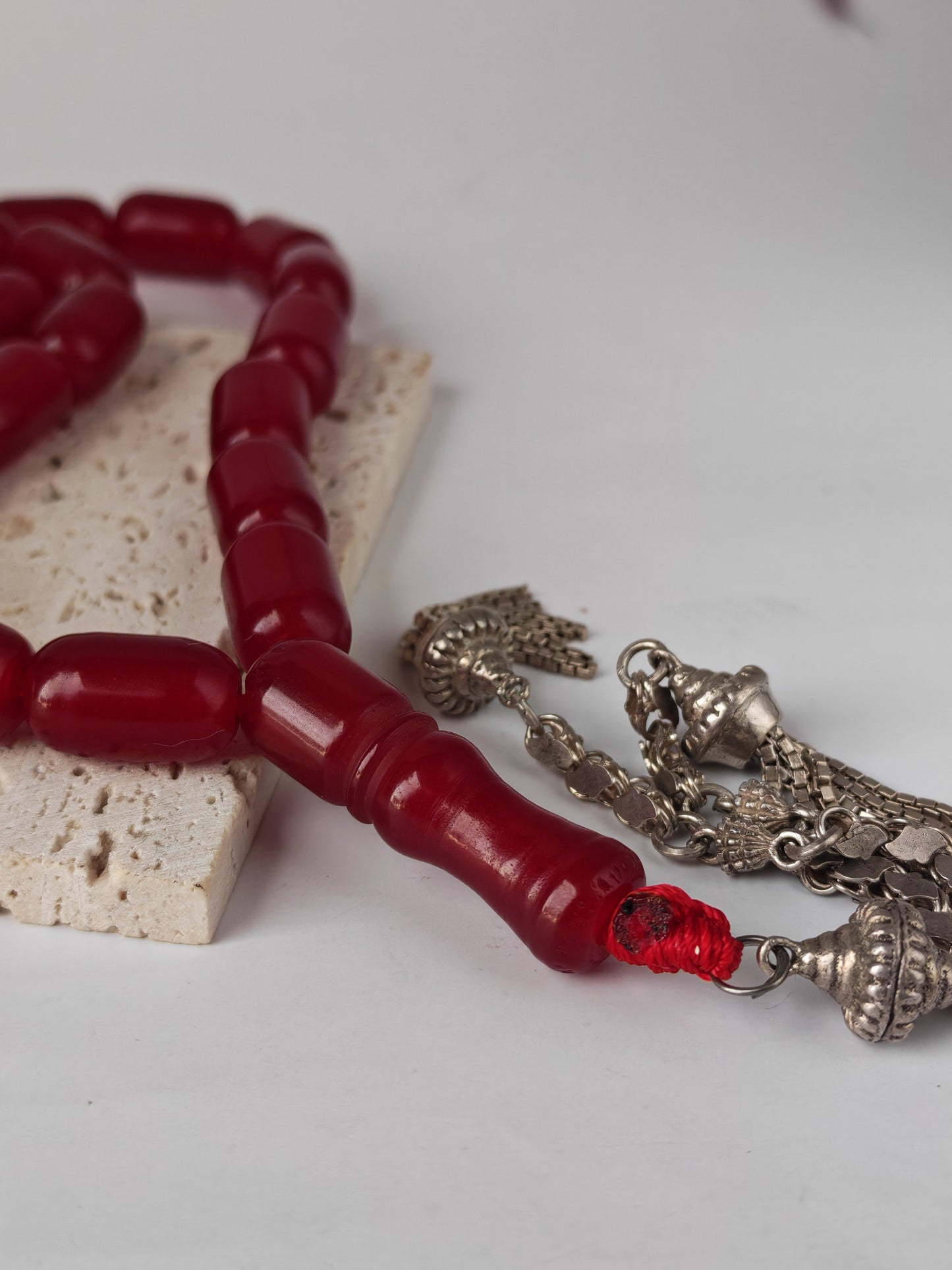 Long Red Bakelite Misbah – 33 Barrel Beads, Antique Silver Tassel