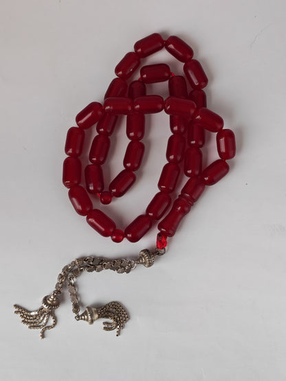 Long Red Bakelite Misbah – 33 Barrel Beads, Antique Silver Tassel
