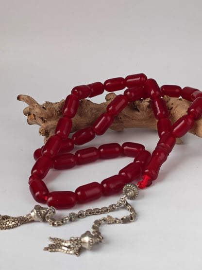 Long Red Bakelite Misbah – 33 Barrel Beads, Antique Silver Tassel