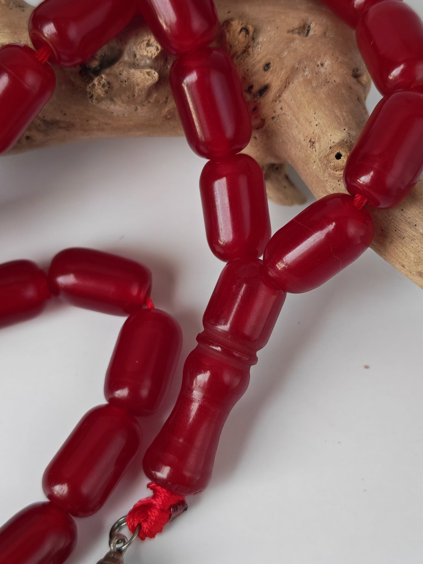 Long Red Bakelite Misbah – 33 Barrel Beads, Antique Silver Tassel