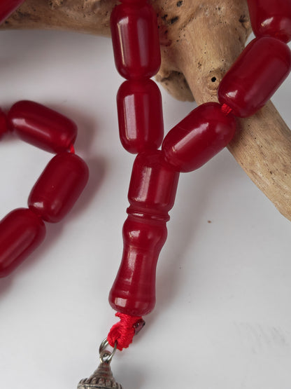 Long Red Bakelite Misbah – 33 Barrel Beads, Antique Silver Tassel