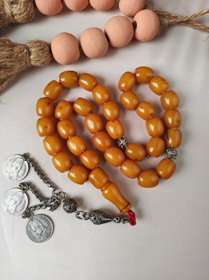 Antique Dark Butterscotch Bakelite Misbah – Barrel Beads, Egyptian Craft, Silver Fringe