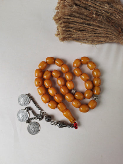 Antique Dark Butterscotch Bakelite Misbah – Barrel Beads, Egyptian Craft, Silver Fringe
