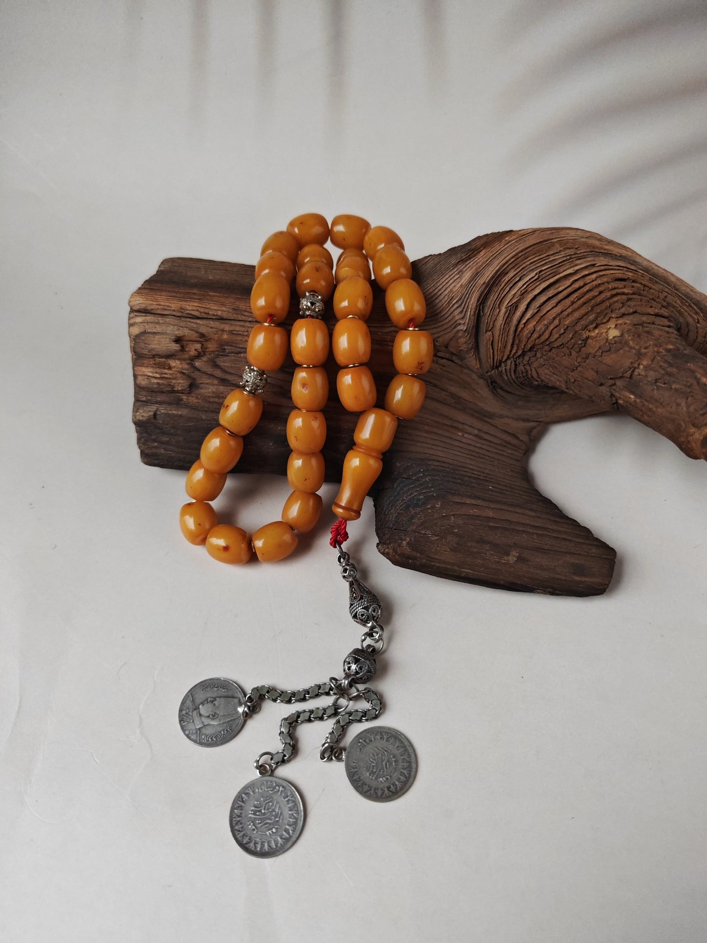 Antique Dark Butterscotch Bakelite Misbah – Barrel Beads, Egyptian Craft, Silver Fringe