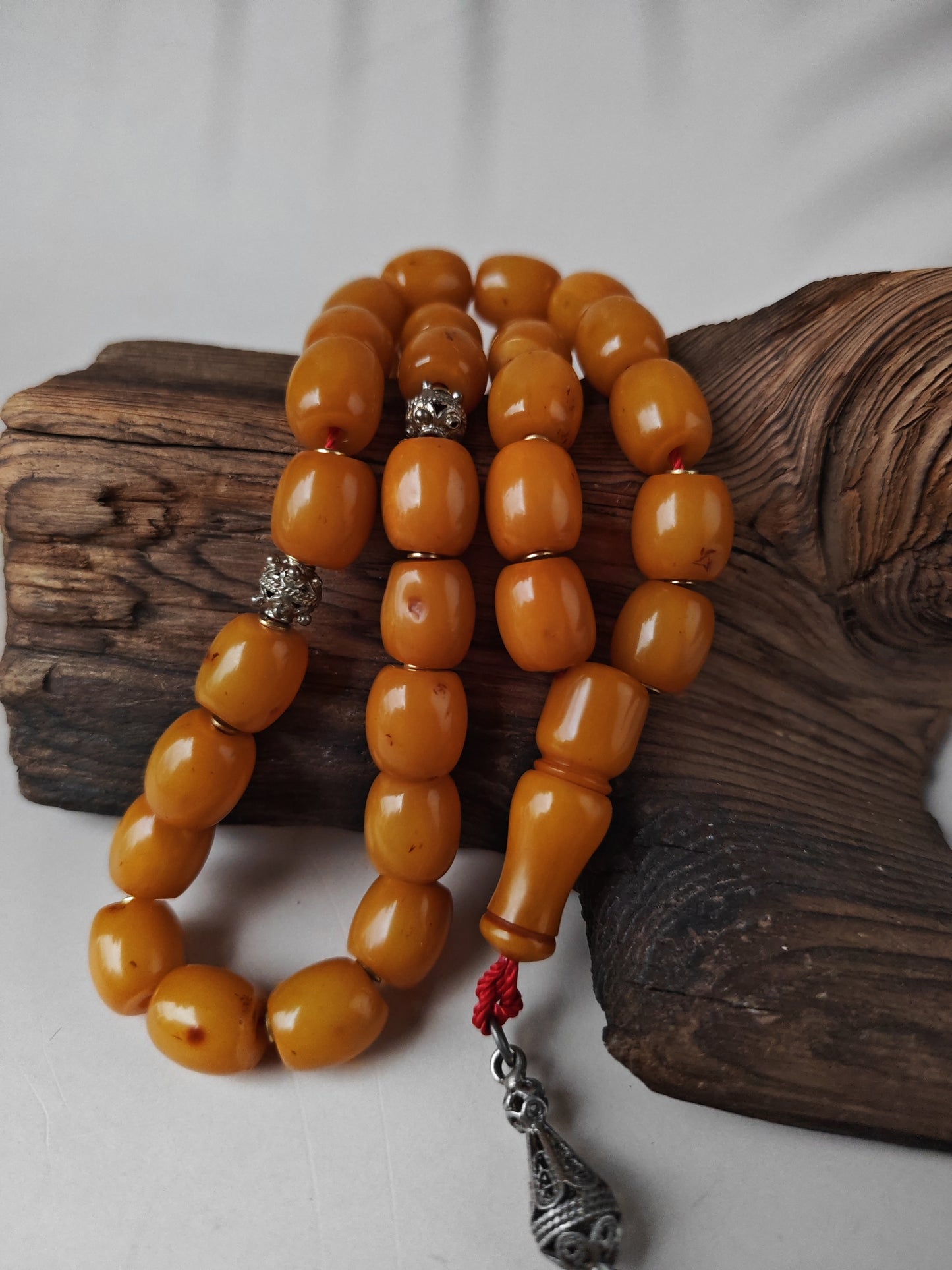 Antique Dark Butterscotch Bakelite Misbah – Barrel Beads, Egyptian Craft, Silver Fringe