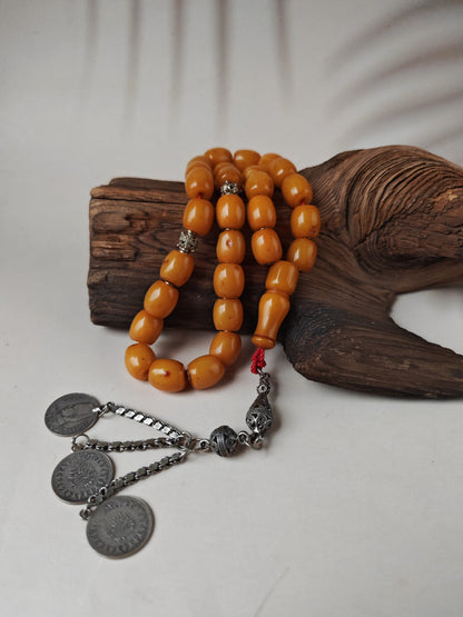 Antique Dark Butterscotch Bakelite Misbah – Barrel Beads, Egyptian Craft, Silver Fringe
