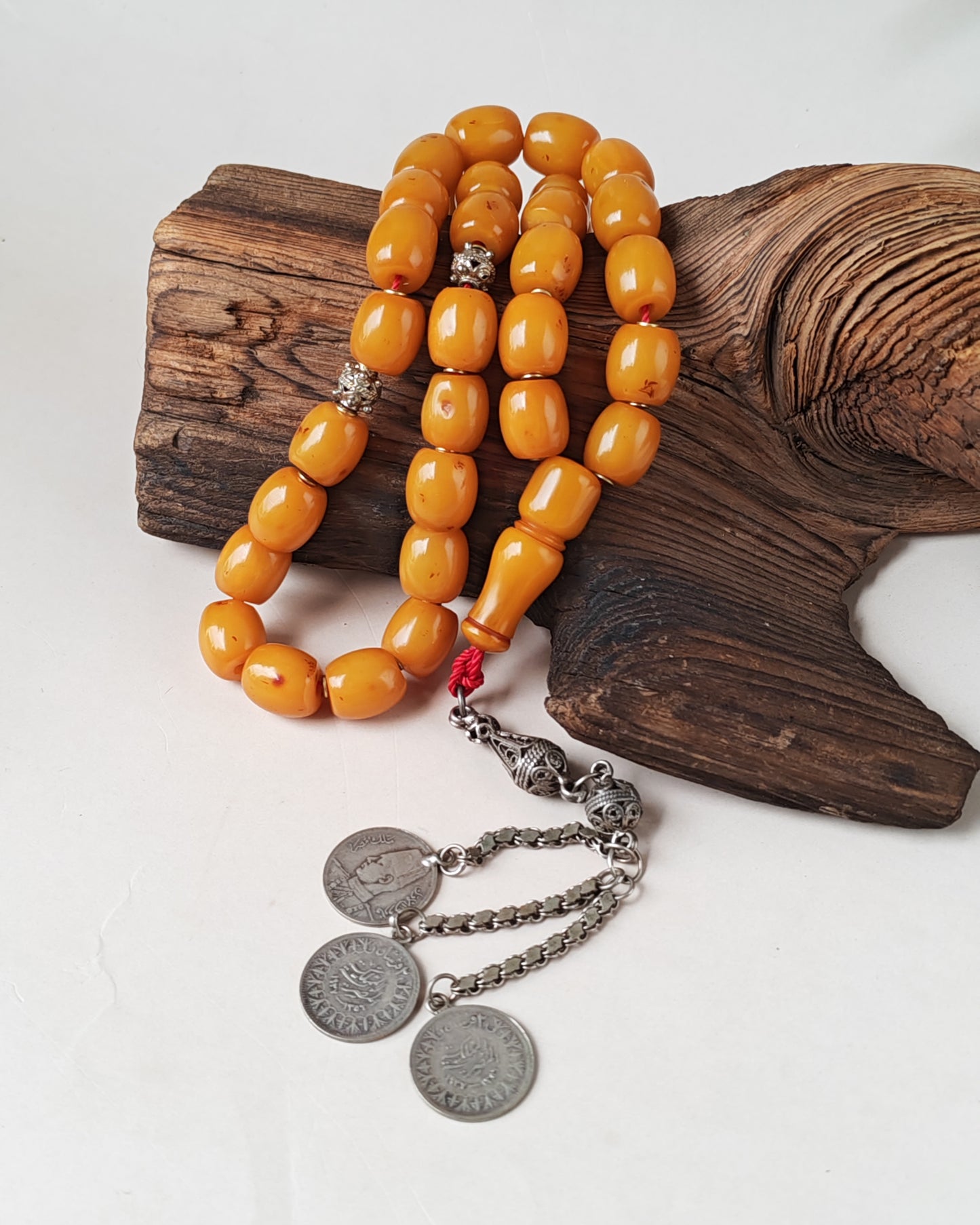 Antique Dark Butterscotch Bakelite Misbah – Barrel Beads, Egyptian Craft, Silver Fringe