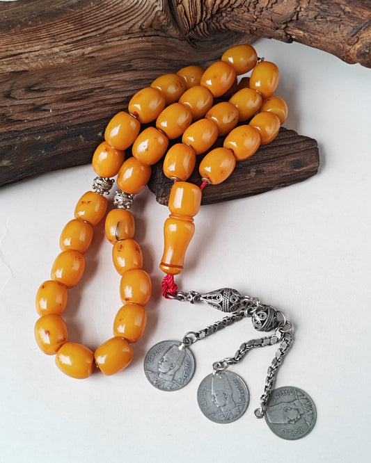 Antique Dark Butterscotch Bakelite Misbah – Barrel Beads, Egyptian Craft, Silver Fringe