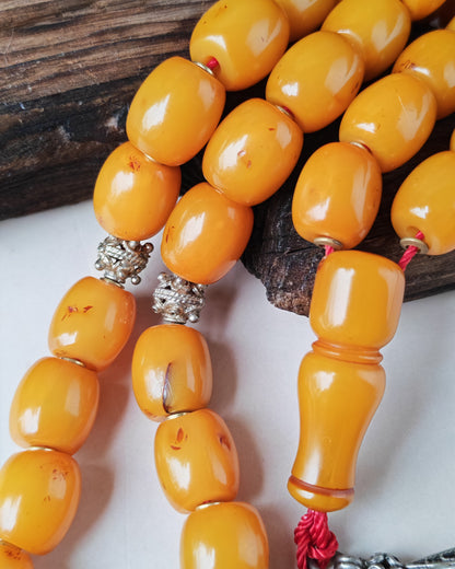 Antique Dark Butterscotch Bakelite Misbah – Barrel Beads, Egyptian Craft, Silver Fringe