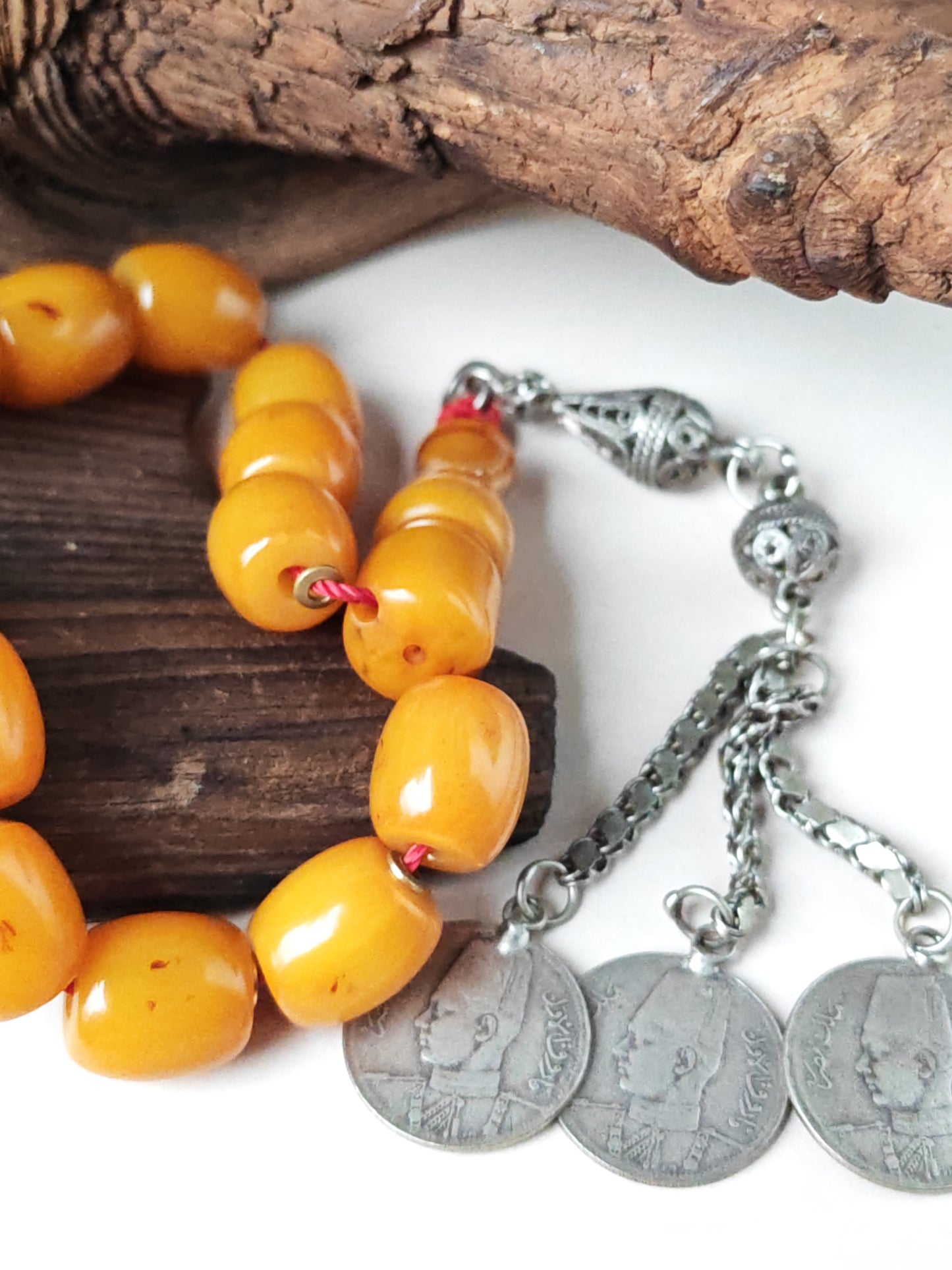 Antique Dark Butterscotch Bakelite Misbah – Barrel Beads, Egyptian Craft, Silver Fringe