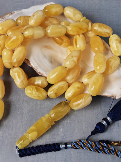Premium Amber Tasbih 47 Beads – Long Capsule Shape, Triple Super Quality, 59.3g