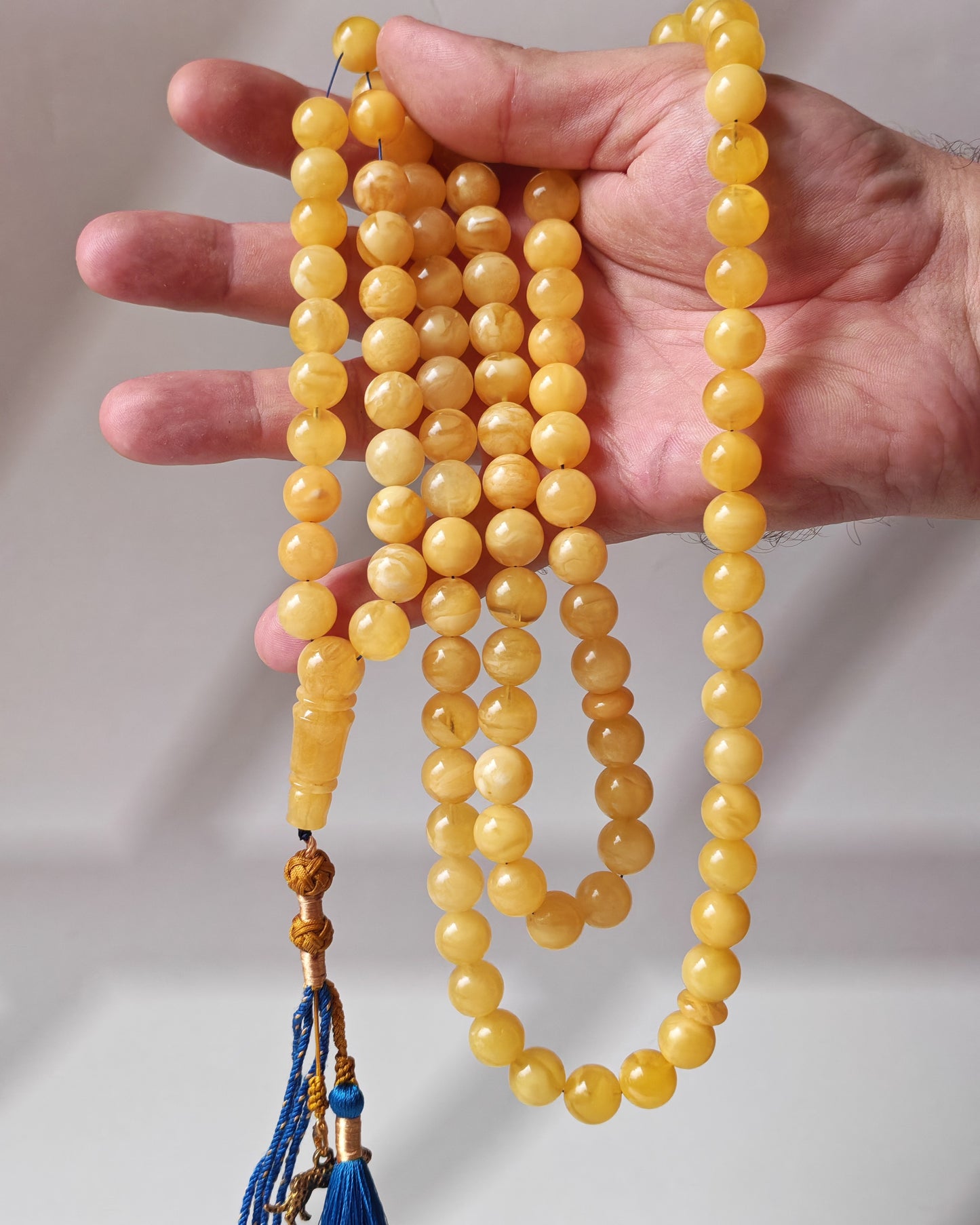 Butterscotch Honey Amber Misbah 99 Beads – 11mm Round Beads, Ultra Long