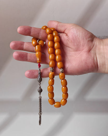 Antique Dark Butterscotch Bakelite Misbah – Barrel Beads, Egyptian Craft, Silver Fringe
