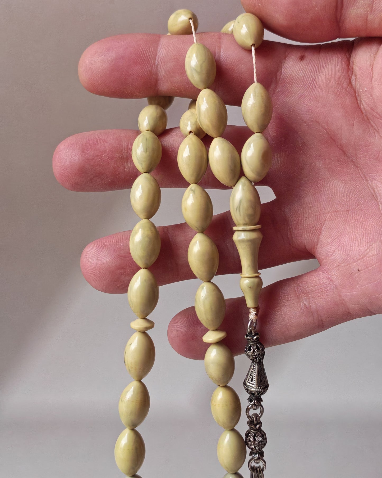 Vintage Chernobyl Bakelite Misbah 33 Beads – Light Bakelite Tasbih, 925 Silver Tassel