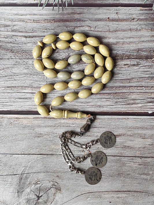 Vintage Chernobyl Bakelite Misbah 33 Beads – Light Bakelite Tasbih, 925 Silver Tassel