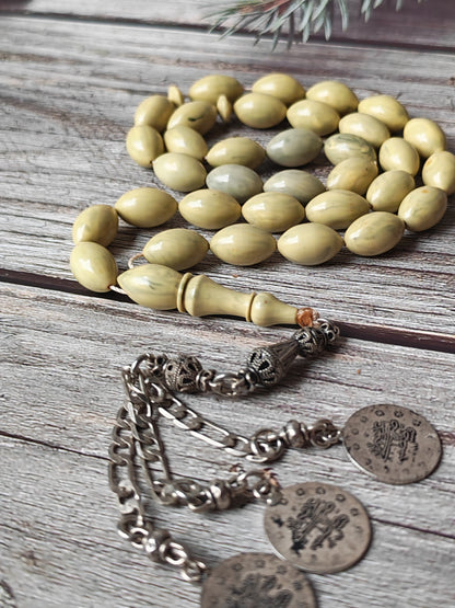 Vintage Chernobyl Bakelite Misbah 33 Beads – Light Bakelite Tasbih, 925 Silver Tassel