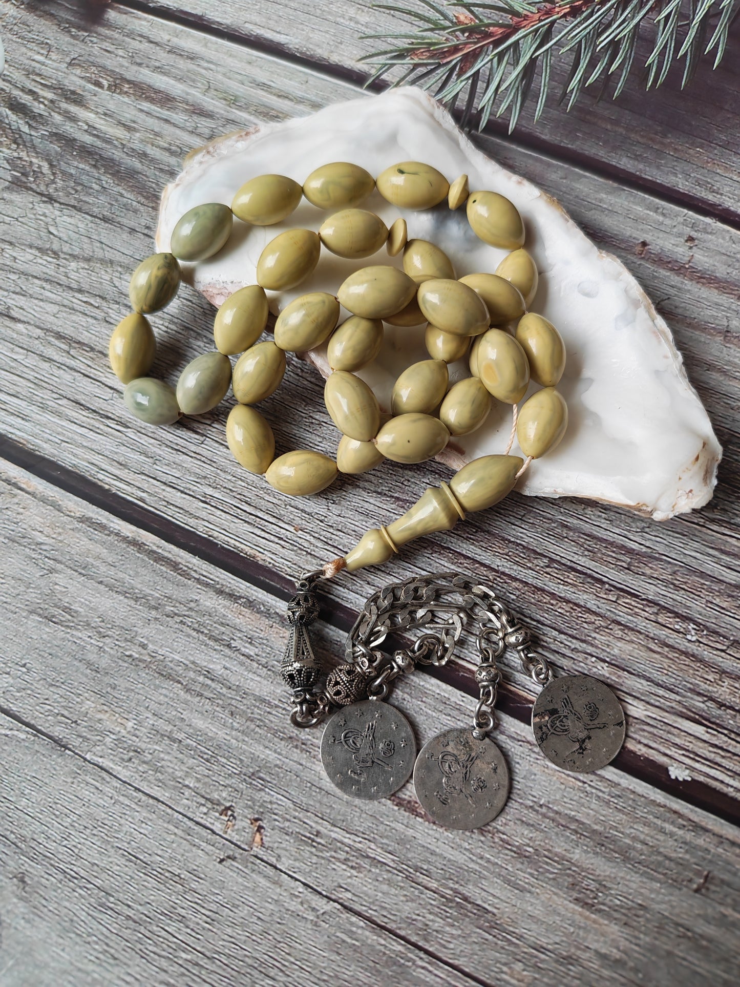 Vintage Chernobyl Bakelite Misbah 33 Beads – Light Bakelite Tasbih, 925 Silver Tassel