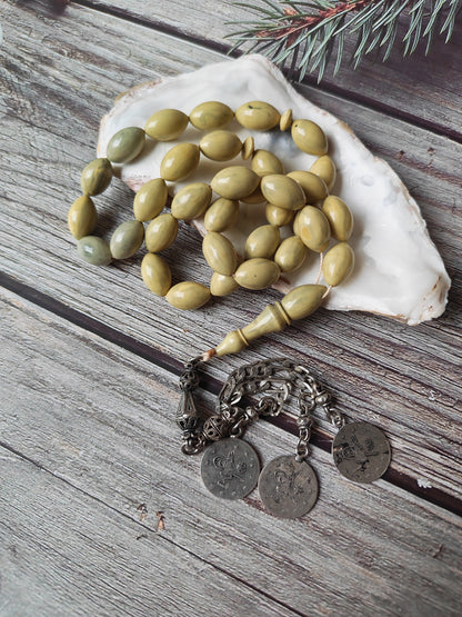 Vintage Chernobyl Bakelite Misbah 33 Beads – Light Bakelite Tasbih, 925 Silver Tassel