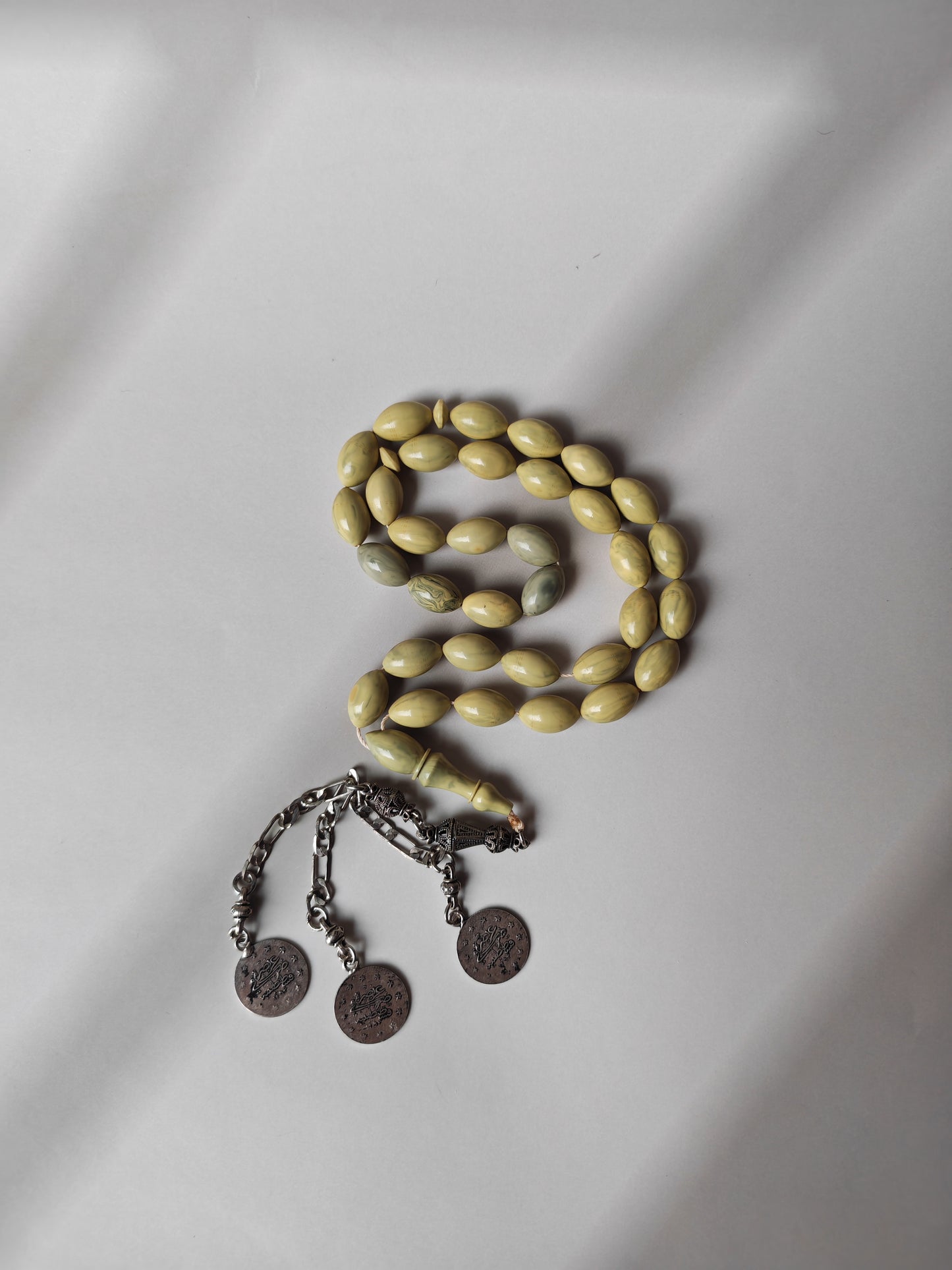 Vintage Chernobyl Bakelite Misbah 33 Beads – Light Bakelite Tasbih, 925 Silver Tassel