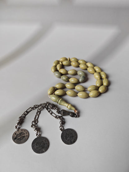 Vintage Chernobyl Bakelite Misbah 33 Beads – Light Bakelite Tasbih, 925 Silver Tassel