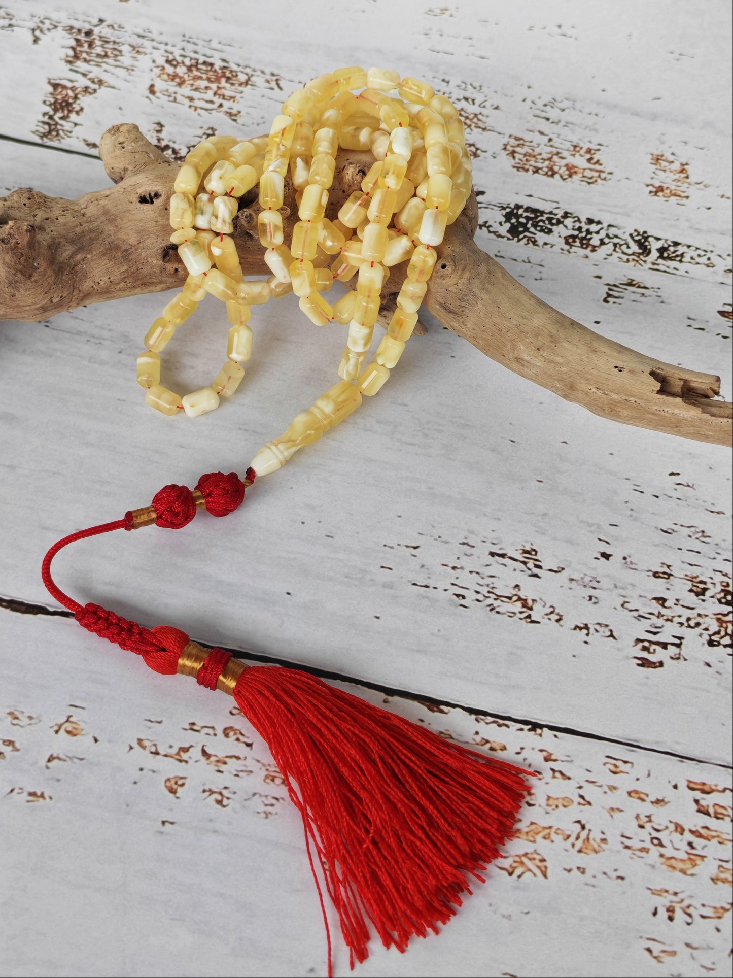 Mosaic Citron and White Baltic Amber Tasbih | 114 Beads | 7.4 x 4.6mm Micro | Ultra Lightweight