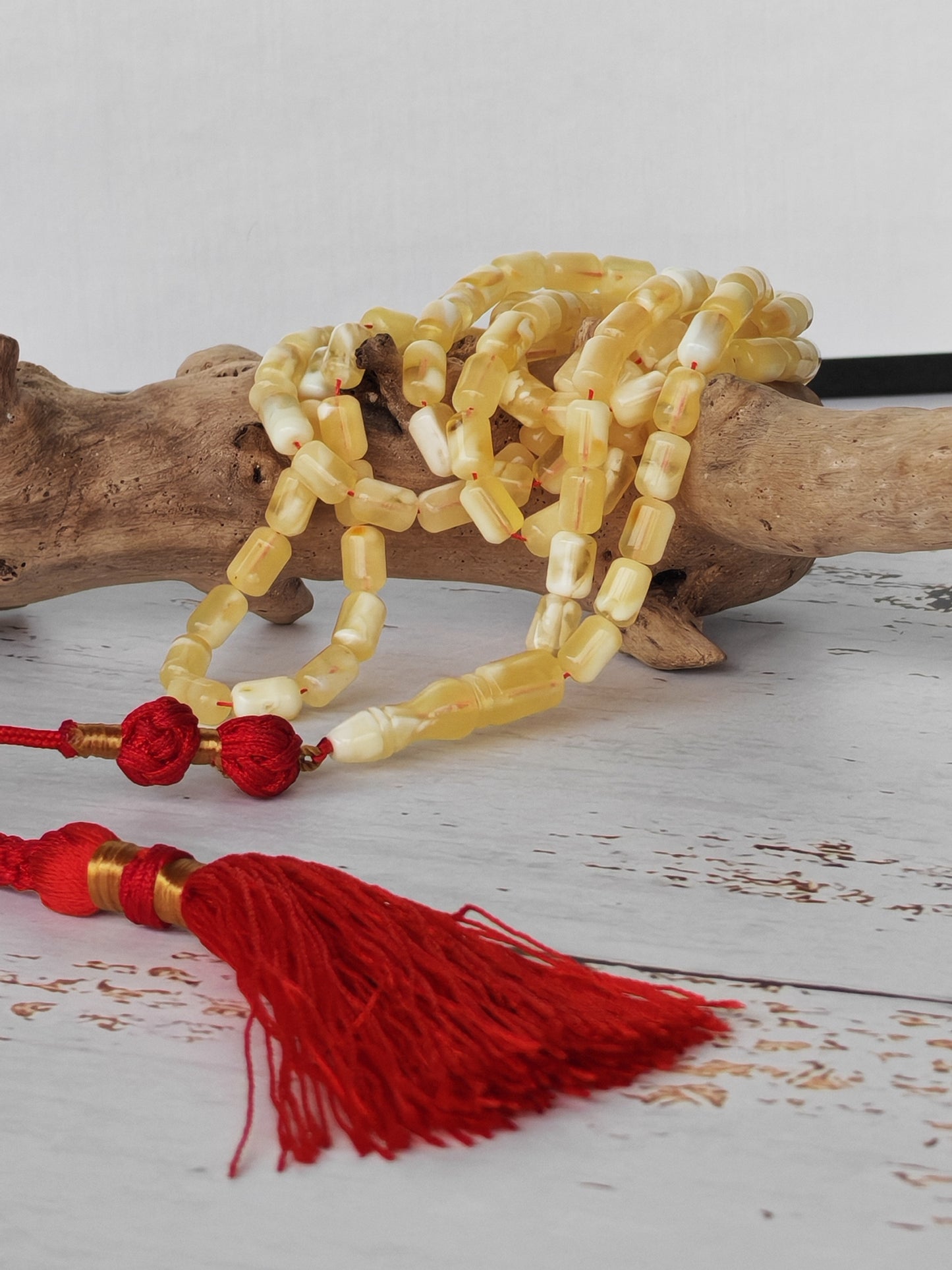 Mosaic Citron and White Baltic Amber Tasbih | 114 Beads | 7.4 x 4.6mm Micro | Ultra Lightweight
