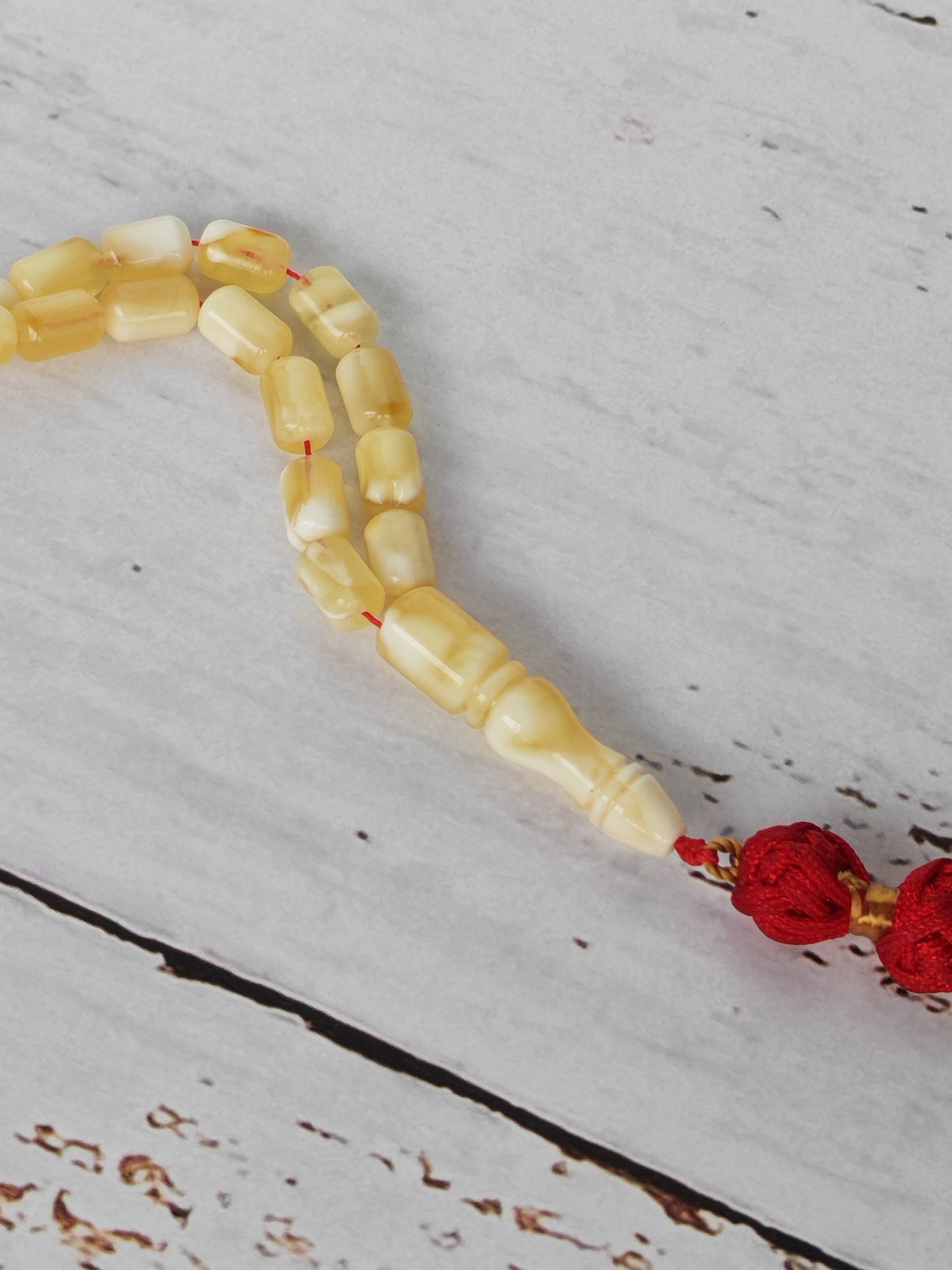 Mosaic Citron and White Baltic Amber Tasbih | 114 Beads | 7.4 x 4.6mm Micro | Ultra Lightweight