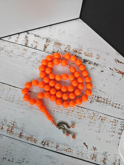 Neon Orange American Bakelite Tasbih | 51 Round Beads | 15.2mm Jumbo | Bowling Ball Origin | 139.3g