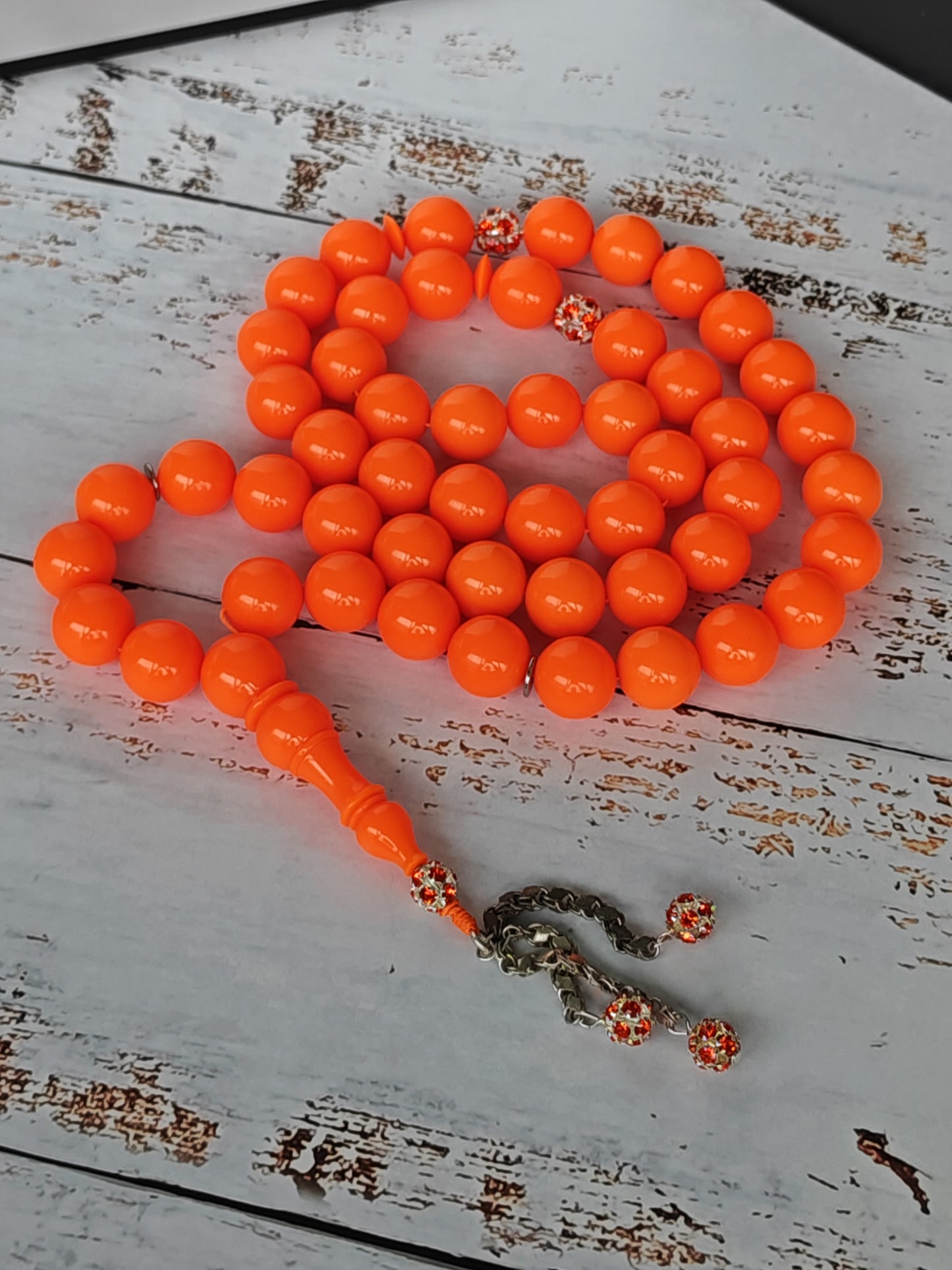 Neon Orange American Bakelite Tasbih | 51 Round Beads | 15.2mm Jumbo | Bowling Ball Origin | 139.3g