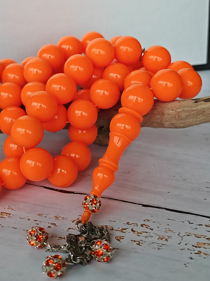 Neon Orange American Bakelite Tasbih | 51 Round Beads | 15.2mm Jumbo | Bowling Ball Origin | 139.3g