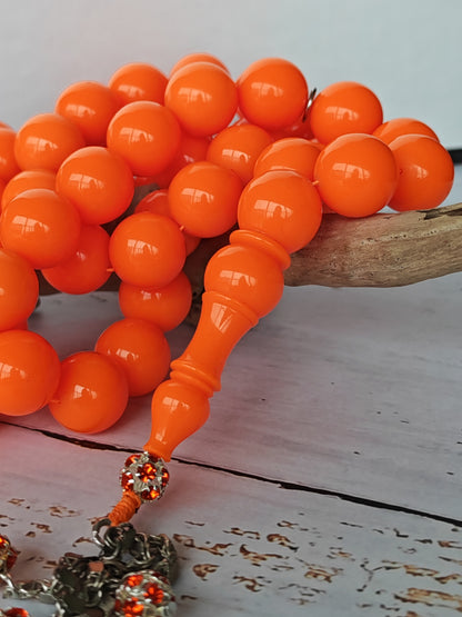 Neon Orange American Bakelite Tasbih | 51 Round Beads | 15.2mm Jumbo | Bowling Ball Origin | 139.3g