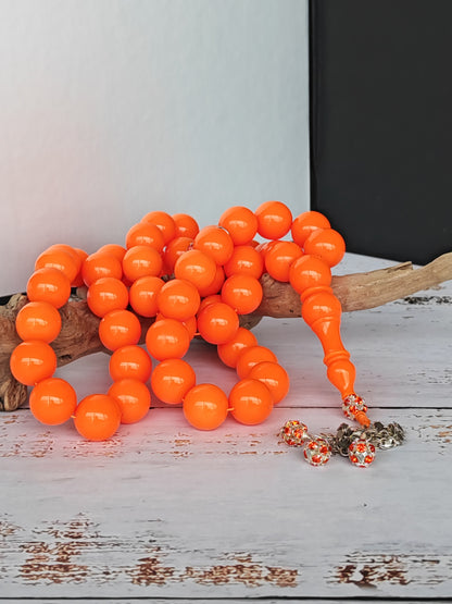 Neon Orange American Bakelite Tasbih | 51 Round Beads | 15.2mm Jumbo | Bowling Ball Origin | 139.3g