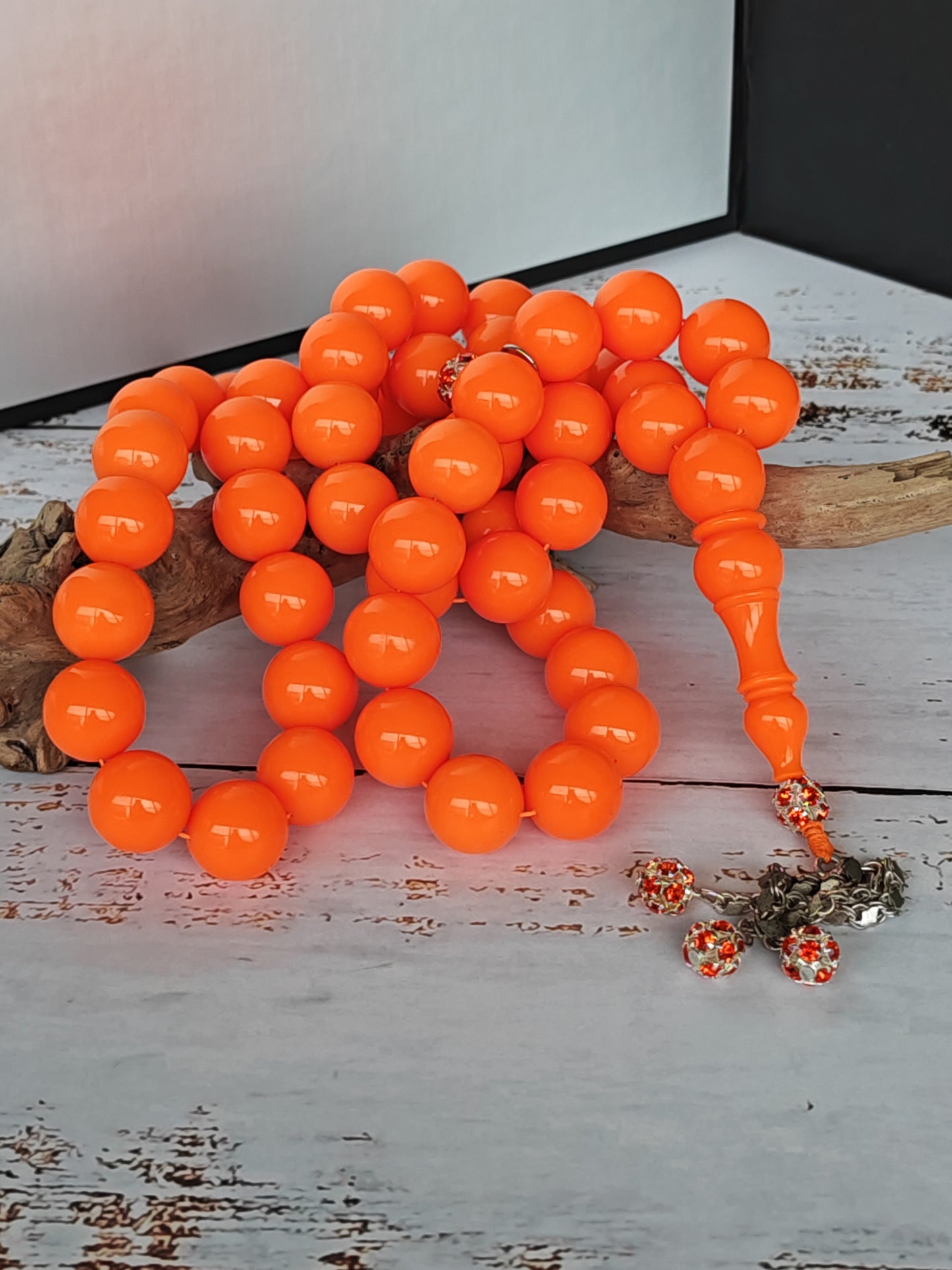 Neon Orange American Bakelite Tasbih | 51 Round Beads | 15.2mm Jumbo | Bowling Ball Origin | 139.3g