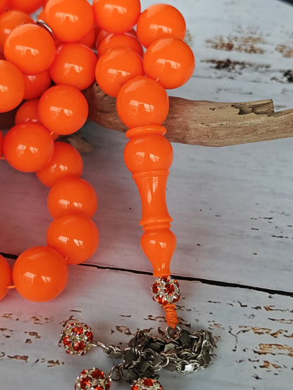Neon Orange American Bakelite Tasbih | 51 Round Beads | 15.2mm Jumbo | Bowling Ball Origin | 139.3g