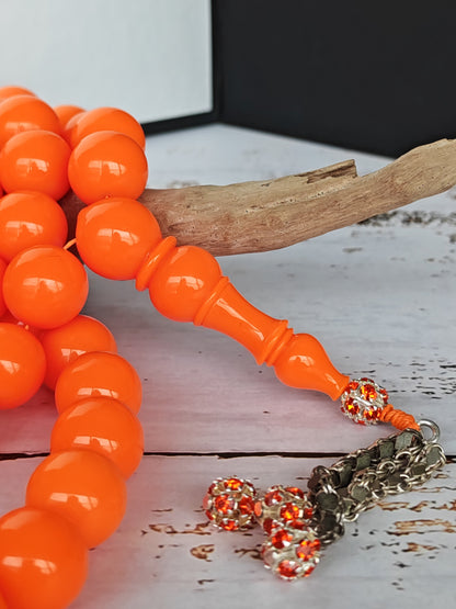 Neon Orange American Bakelite Tasbih | 51 Round Beads | 15.2mm Jumbo | Bowling Ball Origin | 139.3g