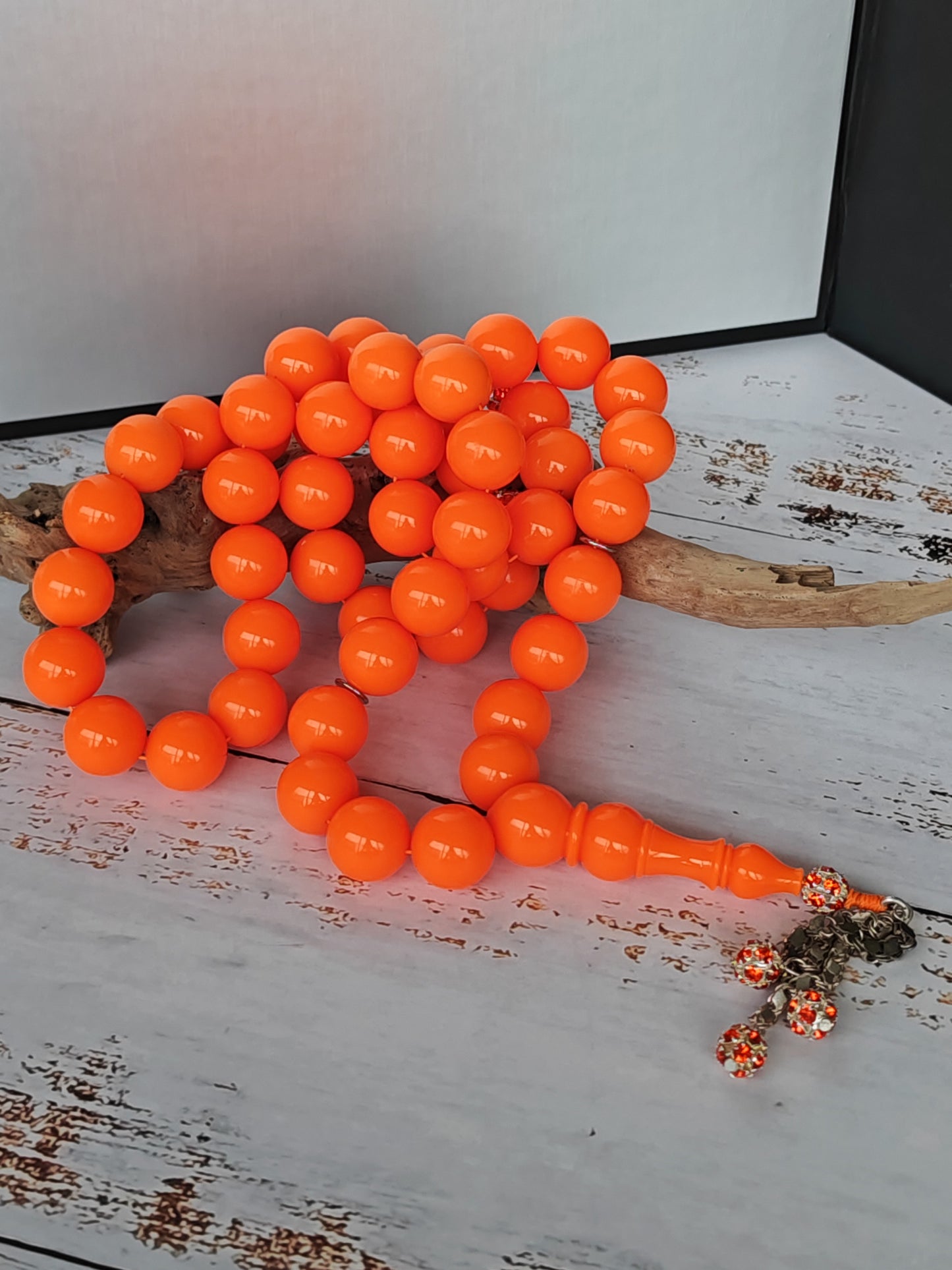 Neon Orange American Bakelite Tasbih | 51 Round Beads | 15.2mm Jumbo | Bowling Ball Origin | 139.3g