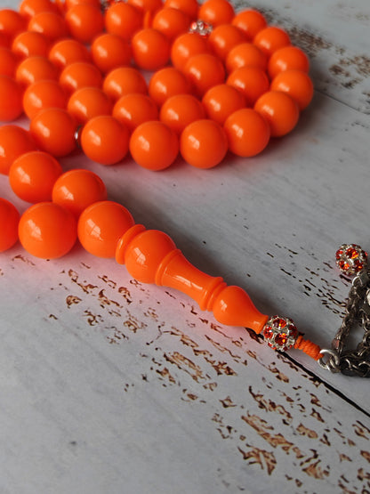 Neon Orange American Bakelite Tasbih | 51 Round Beads | 15.2mm Jumbo | Bowling Ball Origin | 139.3g