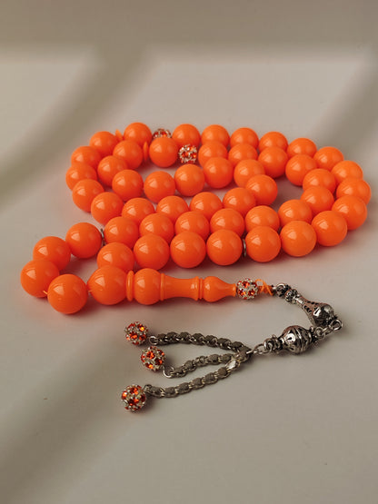 Neon Orange American Bakelite Tasbih | 51 Round Beads | 15.2mm Jumbo | Bowling Ball Origin | 139.3g