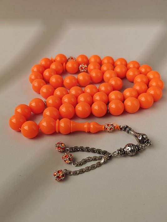 Neon Orange American Bakelite Tasbih | 51 Round Beads | 15.2mm Jumbo | Bowling Ball Origin | 139.3g