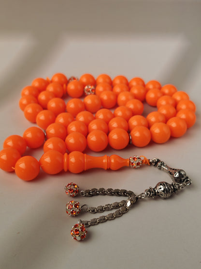 Neon Orange American Bakelite Tasbih | 51 Round Beads | 15.2mm Jumbo | Bowling Ball Origin | 139.3g