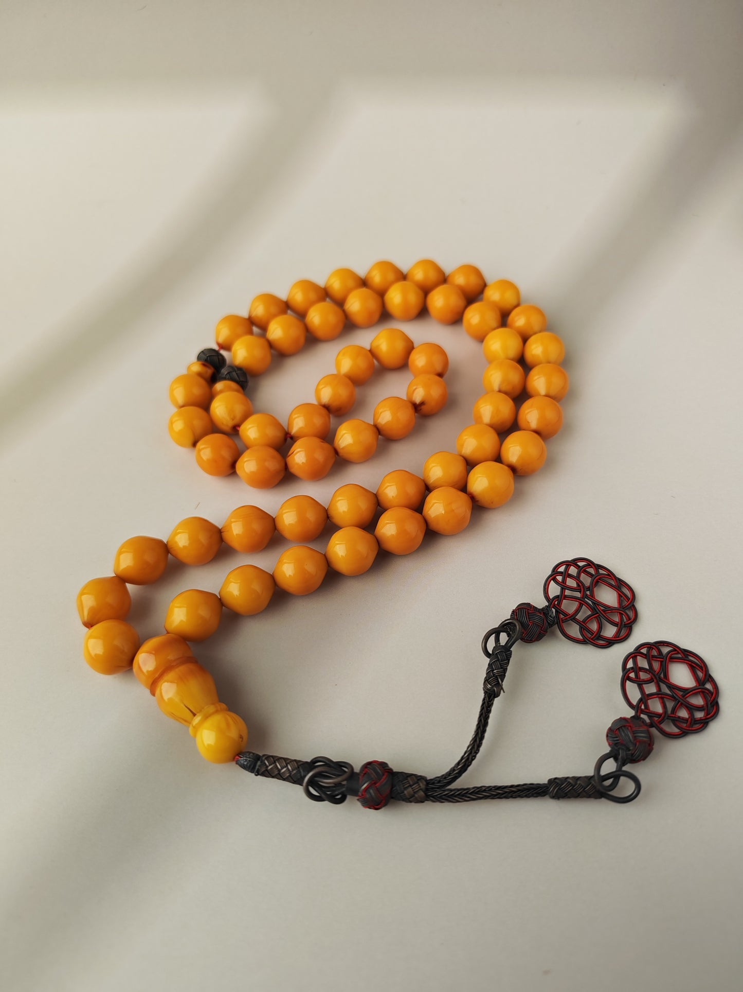 Yellow & Red Vein Belgian Bakelite Tasbih | 55 Istanbul Beads | Silver 1000 | Egyptian Master | 84g