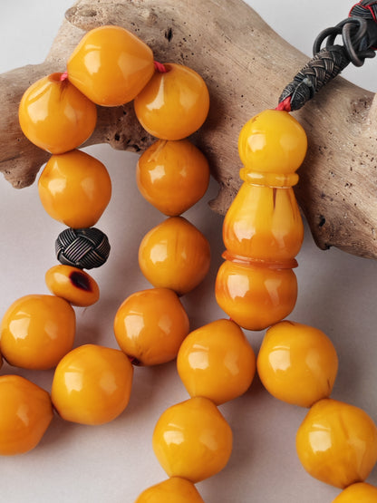 Yellow & Red Vein Belgian Bakelite Tasbih | 55 Istanbul Beads | Silver 1000 | Egyptian Master | 84g