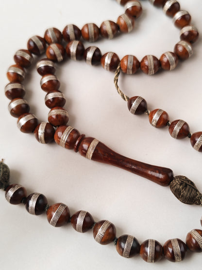 Antique Kokka Seed Wood Tasbih | 99 Round Beads | 8mm | Silver Rings | 2000 Prayer Extensions