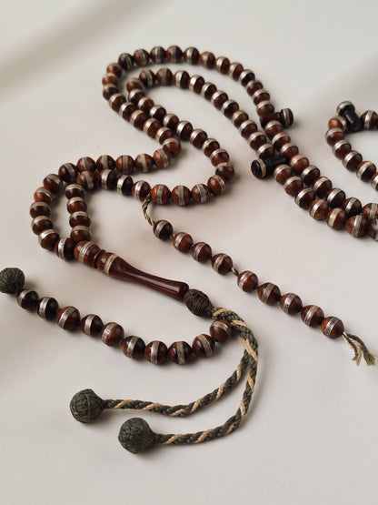 Antique Kokka Seed Wood Tasbih | 99 Round Beads | 8mm | Silver Rings | 2000 Prayer Extensions