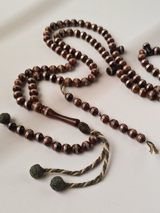 Antique Kokka Seed Wood Tasbih | 99 Round Beads | 8mm | Silver Rings | 2000 Prayer Extensions