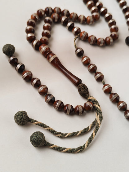 Antique Kokka Seed Wood Tasbih | 99 Round Beads | 8mm | Silver Rings | 2000 Prayer Extensions